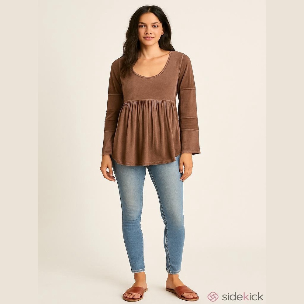 Lisa Robertson Brown Babydoll Mixed Fabric Long Sleeve Top Shirt Size Small NEW